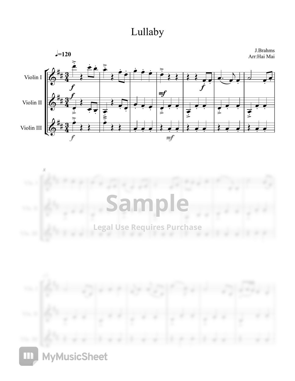 Johannes Brahms - Lullaby - for 3 parts Violin ensemble by Hai Mai