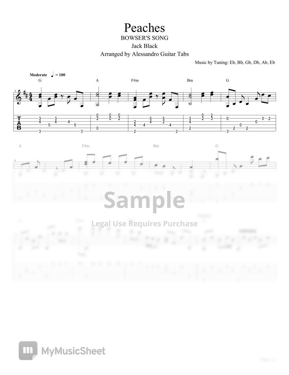 Jack Black PEACHES [Bowser's Song] (fingersyle, guitar cover) Sheets