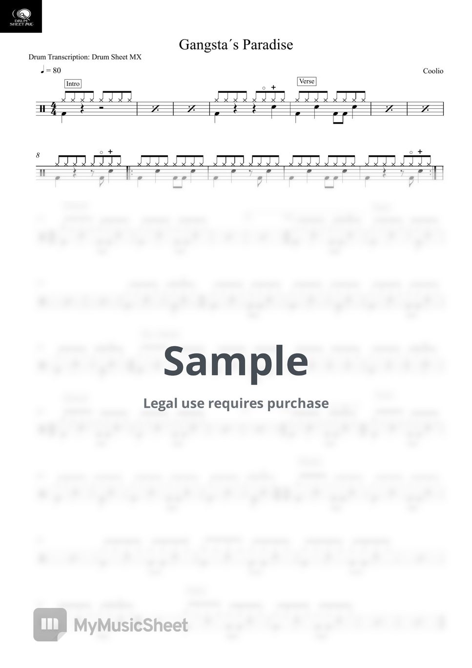 Coolio - Gangsta´s Paradise by Drum Transcription: Drum Sheet MX