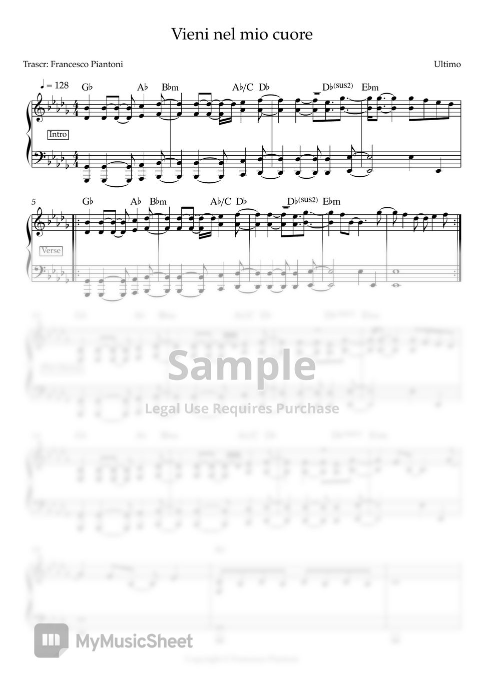 Ultimo Vieni nel mio cuore (spartito pianoforte) Sheets by Francesco Piantoni