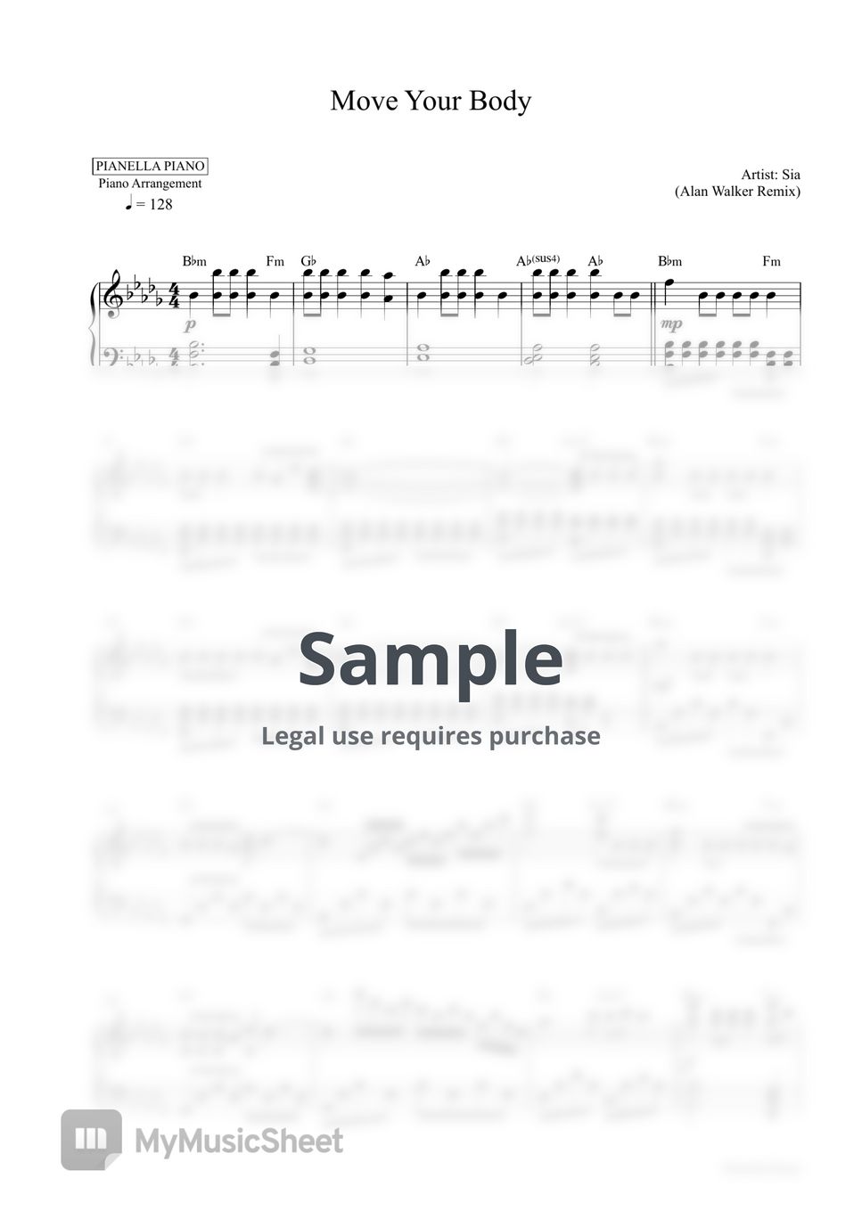 Sia Move Your Body Piano Sheet 악보 By Pianella Piano