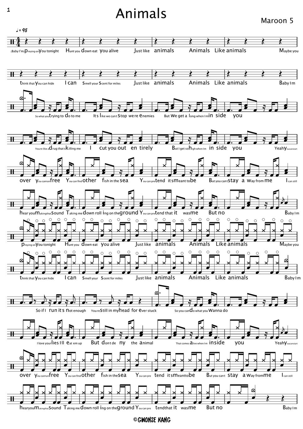 Maroon 5 Animals Sheets by Gwon's DrumLesson