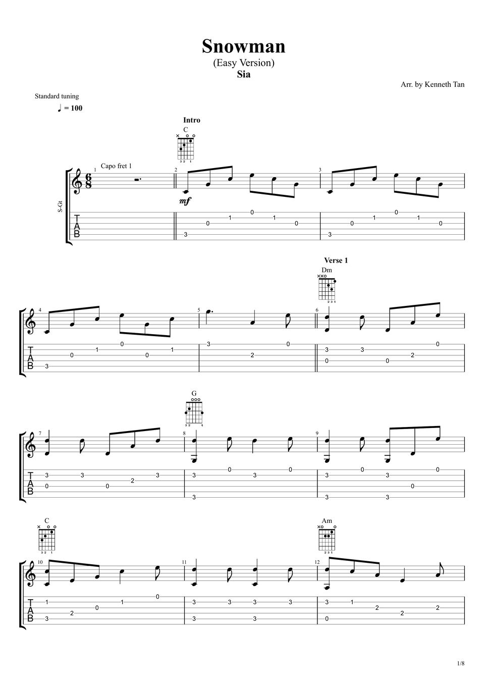 Sia fingerstyle guitar snowman easy version sheets by kenneth