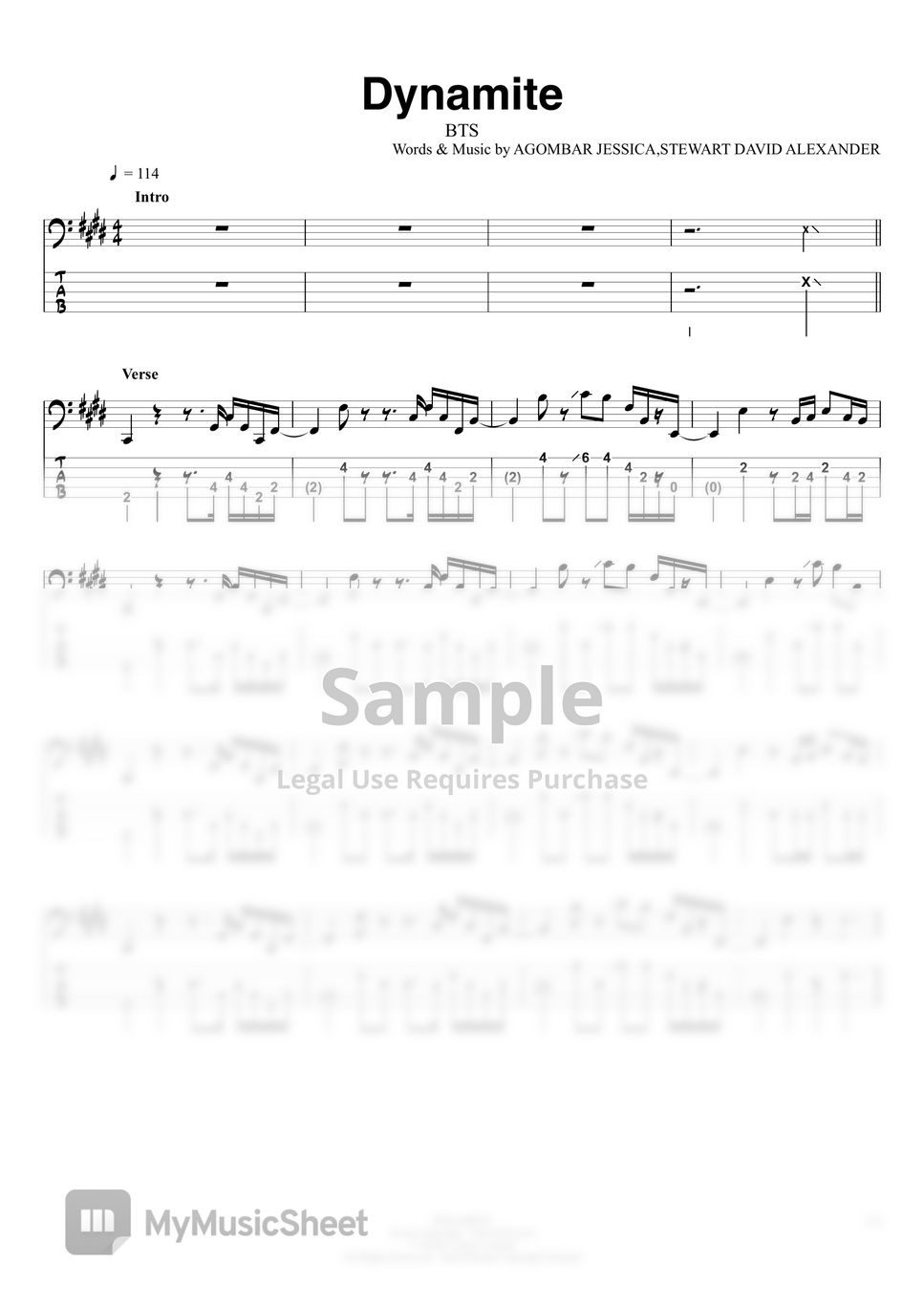 Bts dynamite basstab 4strings sheets by swbass