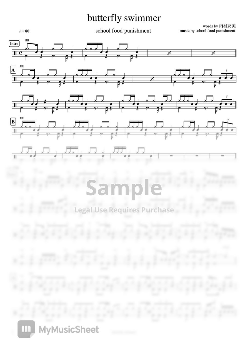 school food punishment - butterfly swimmer by Cookai's J-pop Drum sheet  music!!!スコア/楽譜