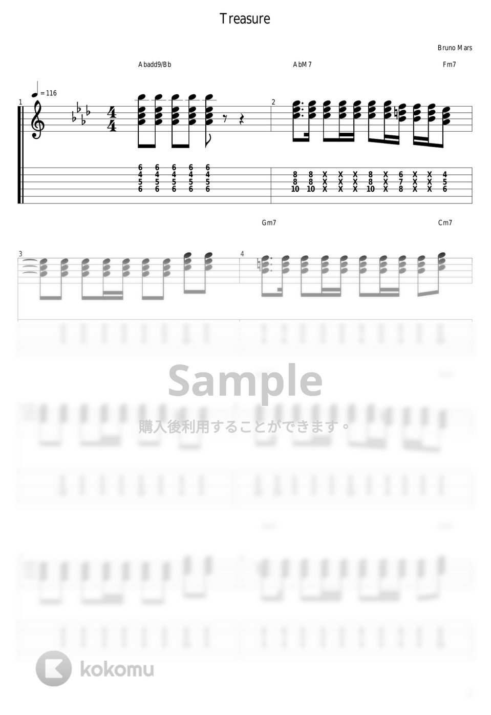 Bruno Mars - Treasure タブ+五線譜 by guitar cover with tab