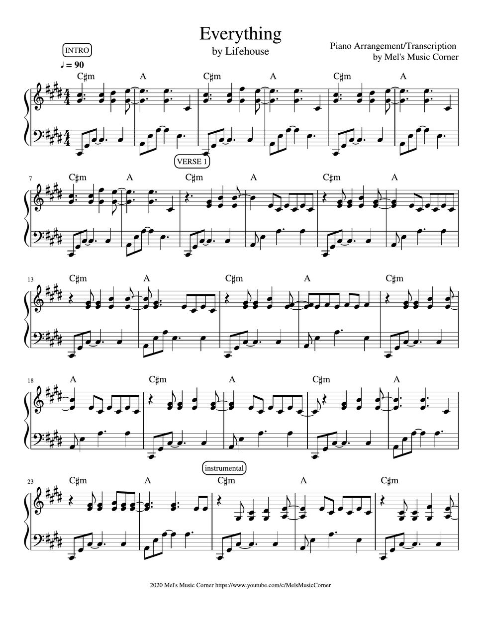 Lifehouse - Everything (piano Sheet Music) Sheet By Mel's Music Corner