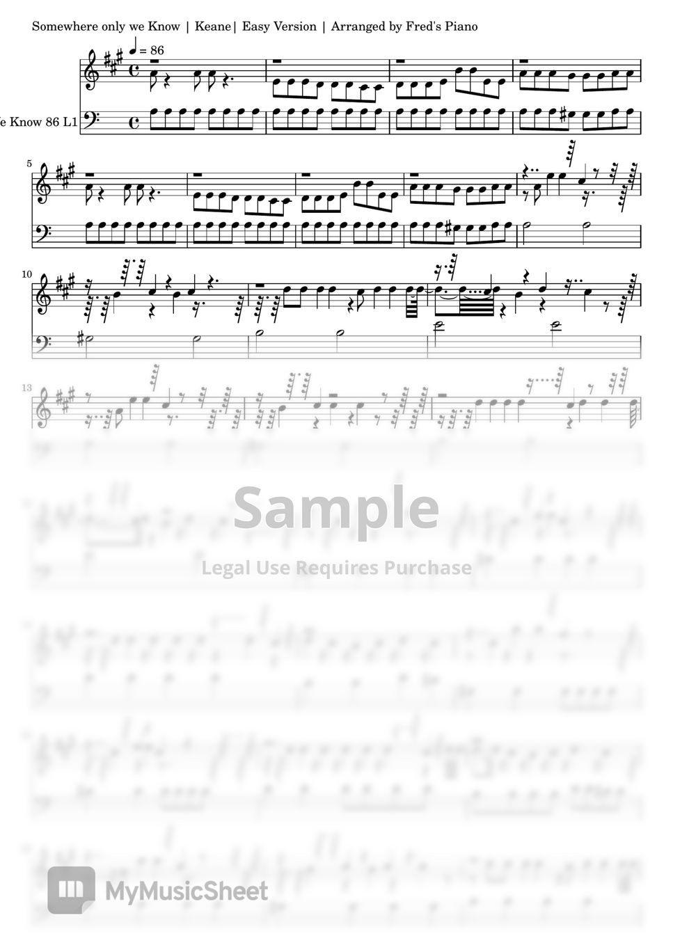 Keane Somewhere Only We Know Partitura by Fred