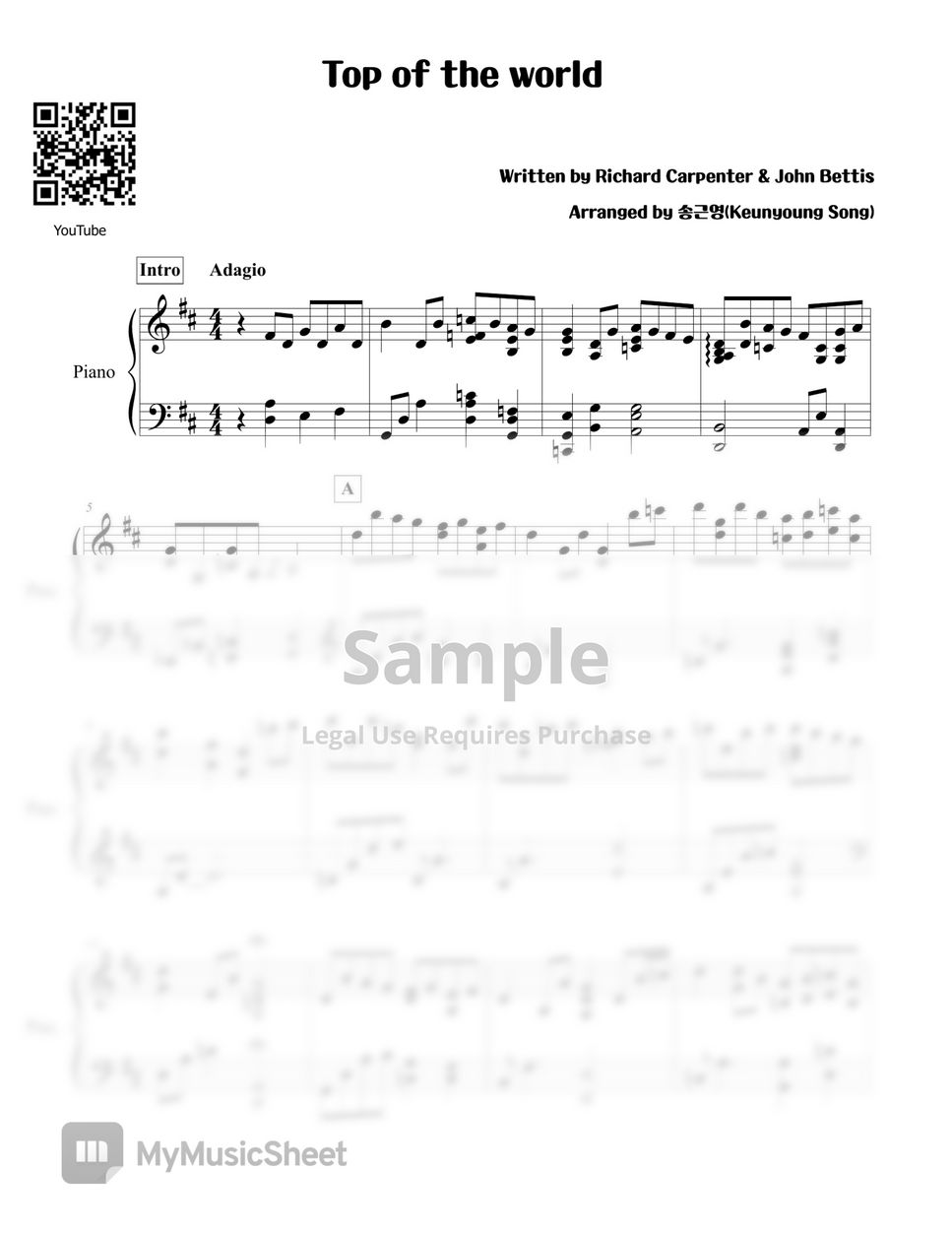Richard Carpenter & John Bettis - Top of the world by Pianist Keunyoung Song(송근영)