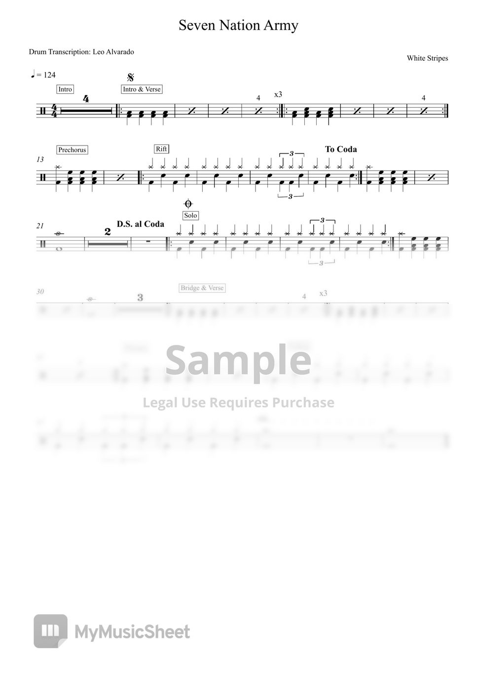 The White Stripes Seven Nation Army Sheets by Drum Transcription Leo