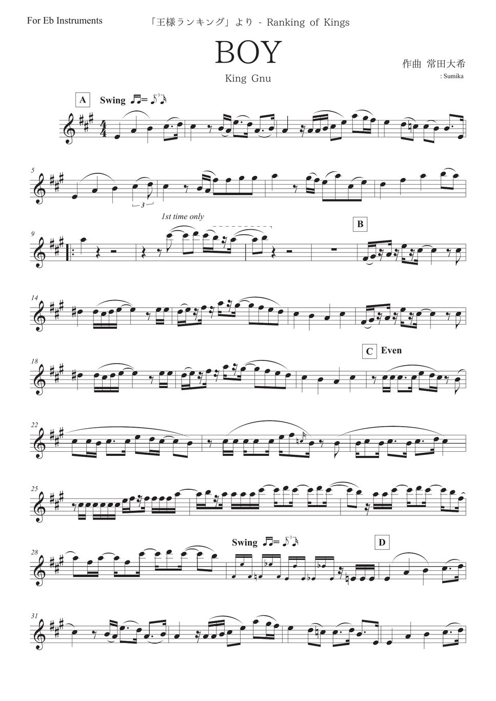 Ranking of Kings BOY / King Gnu (in Eb) Sheets by Sumika