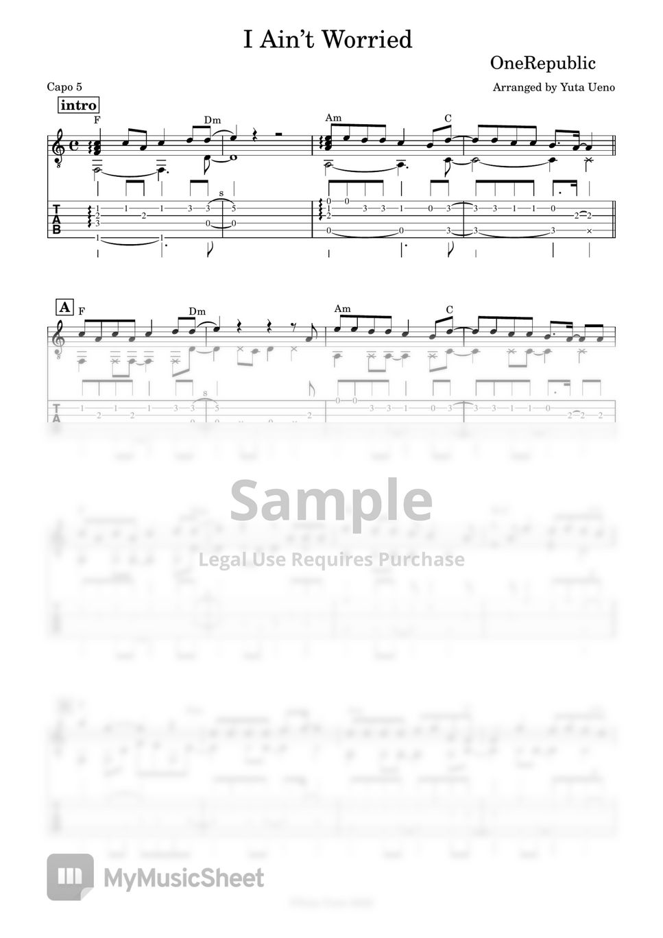 OneRepublic I Ain't Worried (Fingerstyle) Tab + 1staff by Yuta Ueno