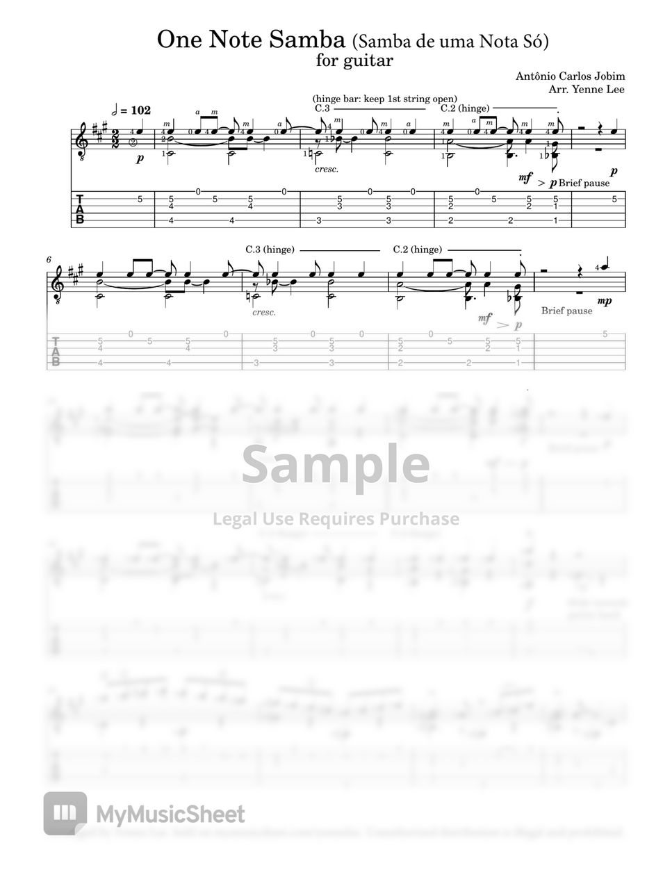 Antonio Carlos Jobim - One Note Samba (Staff+Tab) by Yenne Lee