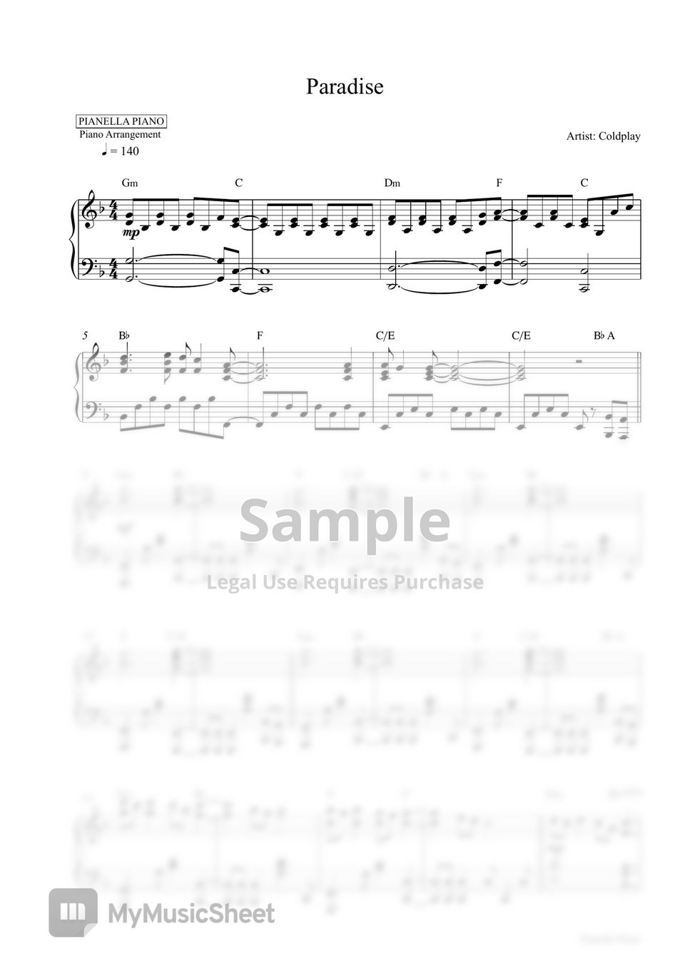 Coldplay - Paradise (Piano Sheet) by Pianella Piano