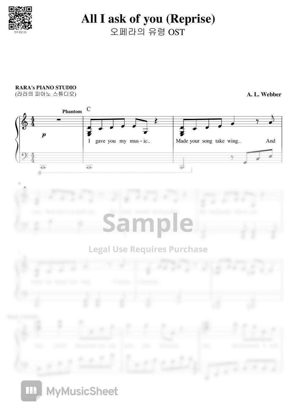 A. L. Webber - All I Ask Of You "Reprise" (Phantom Ver.) (CMajor) by RARA's PIANO STUDIO