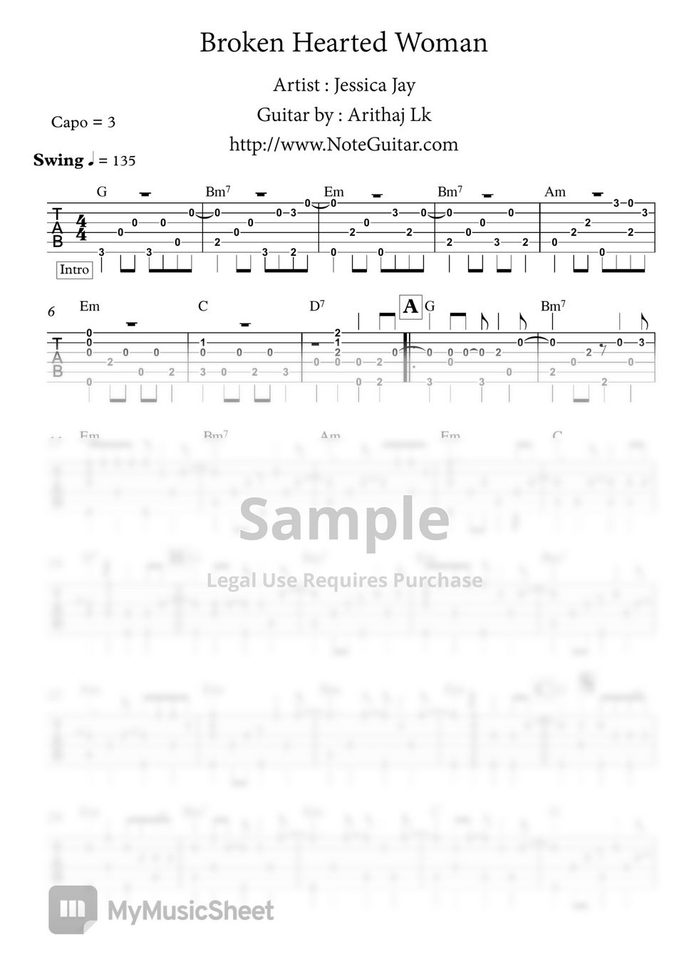 Jessica Jay Broken Hearted Woman Fingerstyle Guitar Sheets by