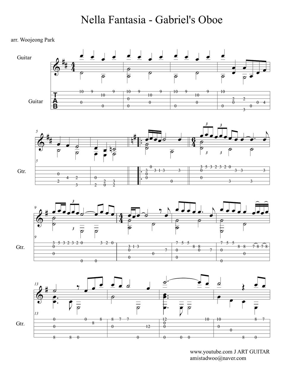Gabriel'S Oboe - Nella Fantasia - Gabriel'S Oboe - Nella Fantasia  ('Mission' Ost-Ennio Morricone) (Guitar Tab) Tab + 1Staff By Woojeong Park