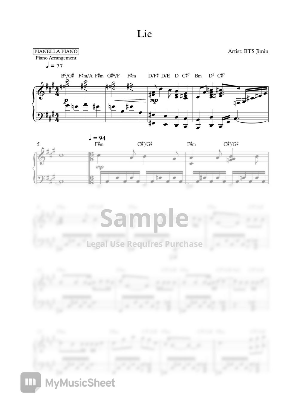 BTS Jimin - Lie (Piano Sheet) by Pianella Piano
