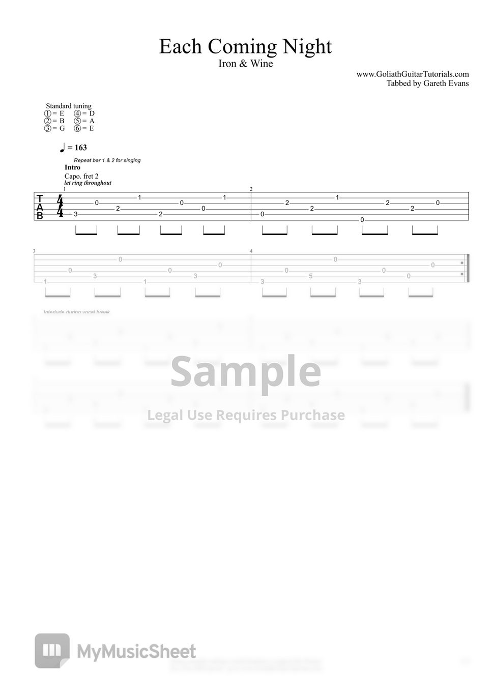 Iron & Wine Each Coming Night Sheets by Goliath Guitar Tutorials