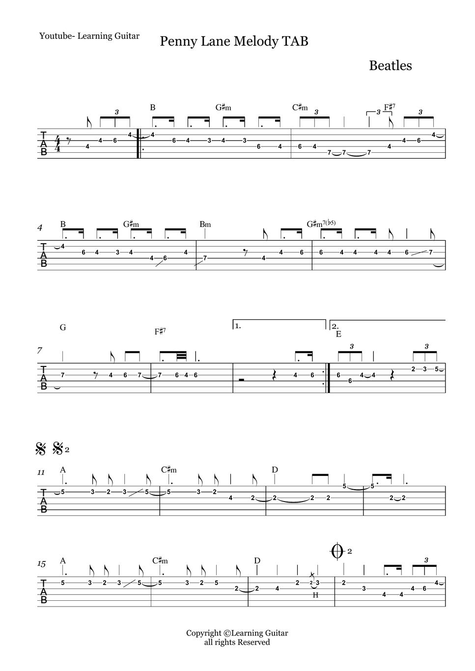 Beatles Penny Lane (Melody TAB) (Guitar TAB) Partition musicale by