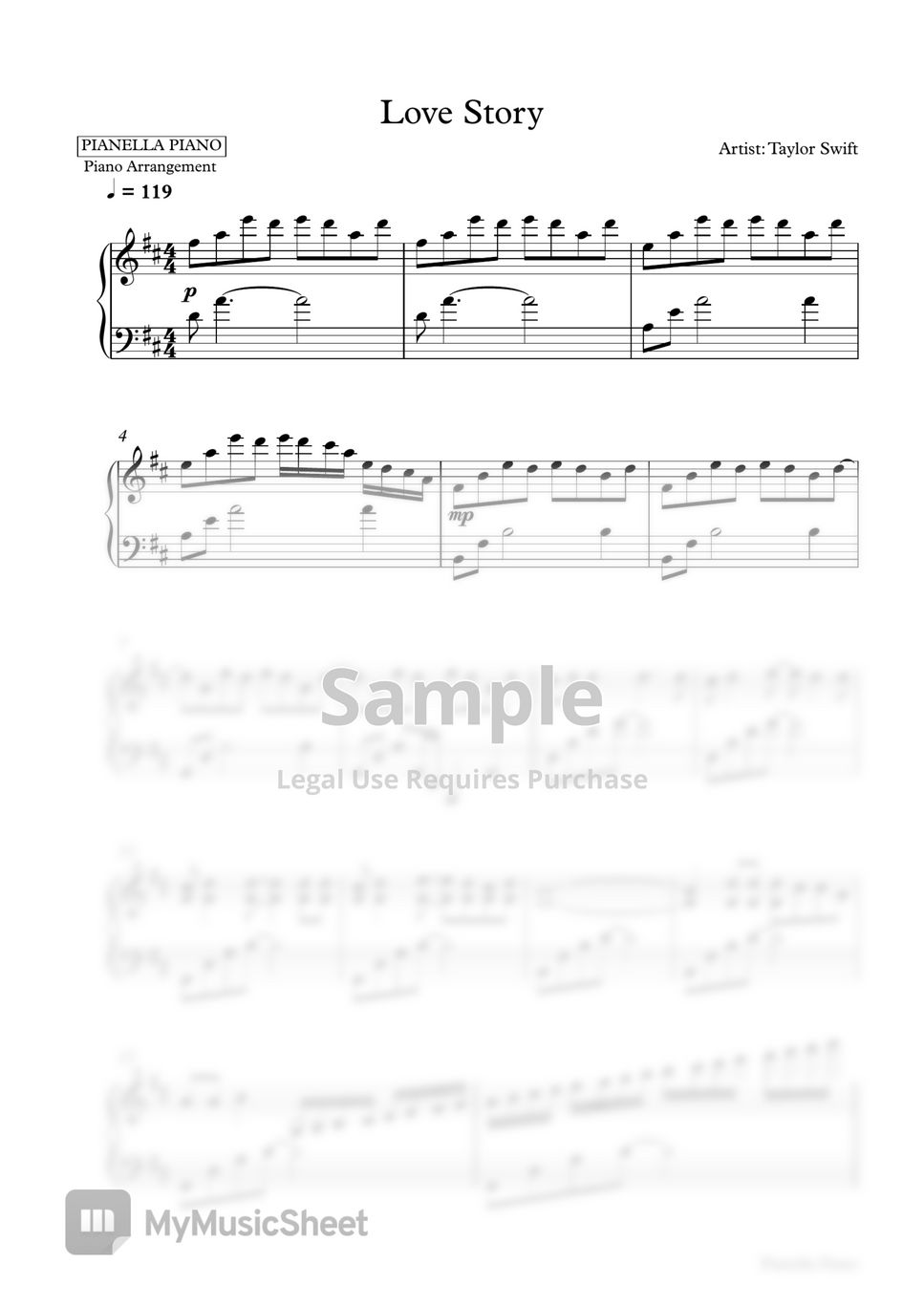 Taylor Swift Love Story Piano Sheet Sheets By Pianella Piano 3423