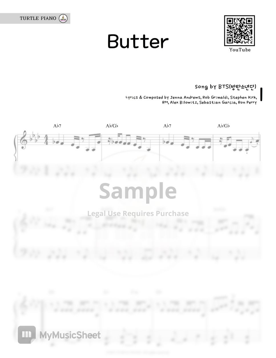 Bts 방탄소년단 Butter Original Ver 악보 By Turtle 피아노치는거북이