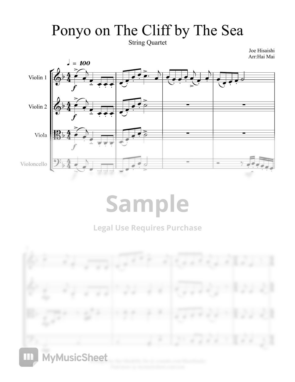 Joe Hisaishi Ponyo on The Cliff by The Sea for String Quartet Sheets by Hai Mai