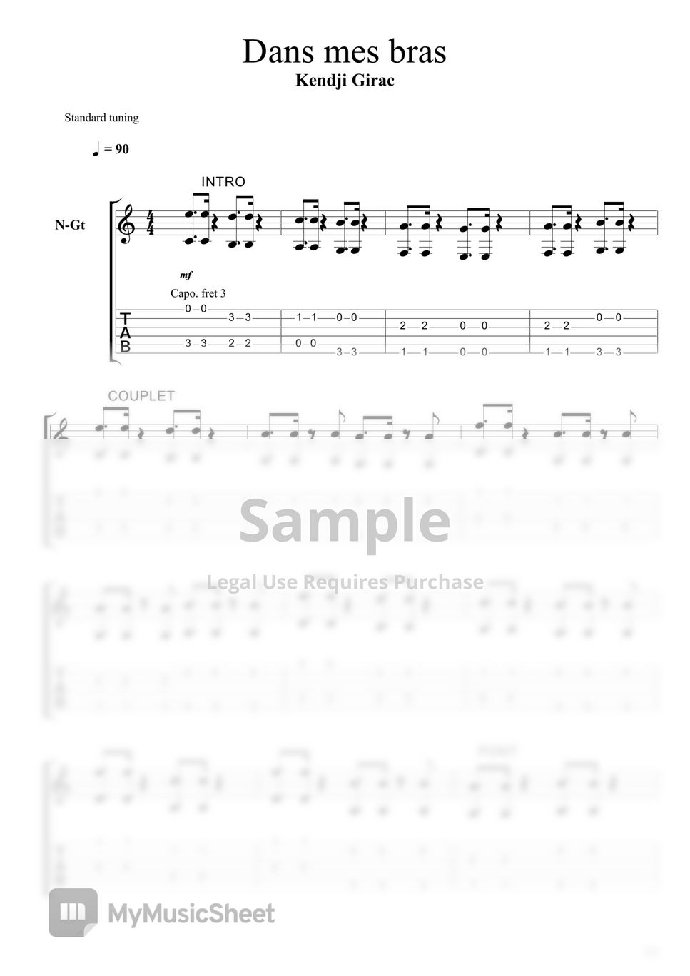 Kendji Girac Dans mes bras Tab + Partition à une seule portée by