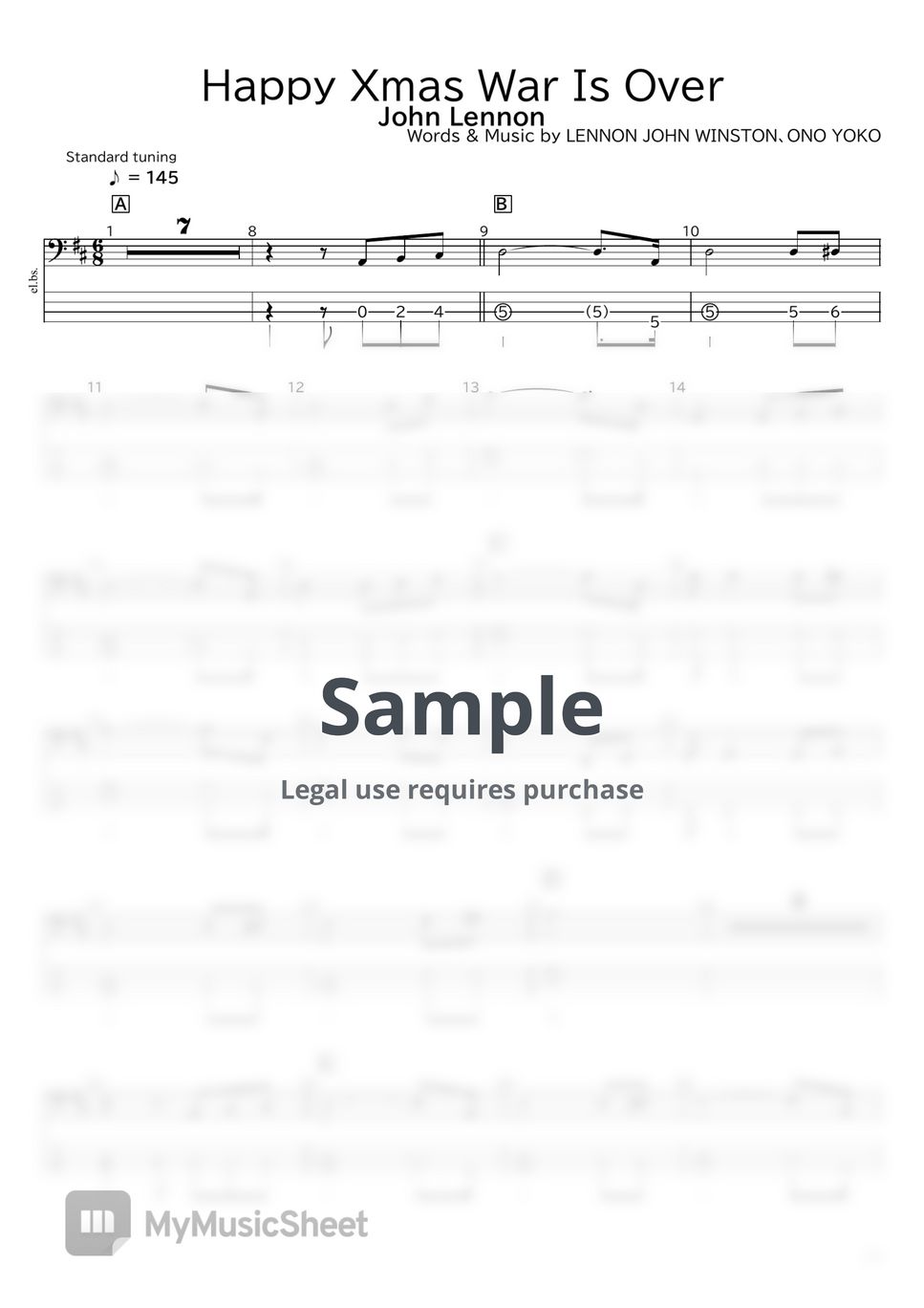 John Lennon Happy Xmas War Is Over 악보 by たぶべー＠財布に優しいベース楽譜屋さん（BASS・TAB譜）