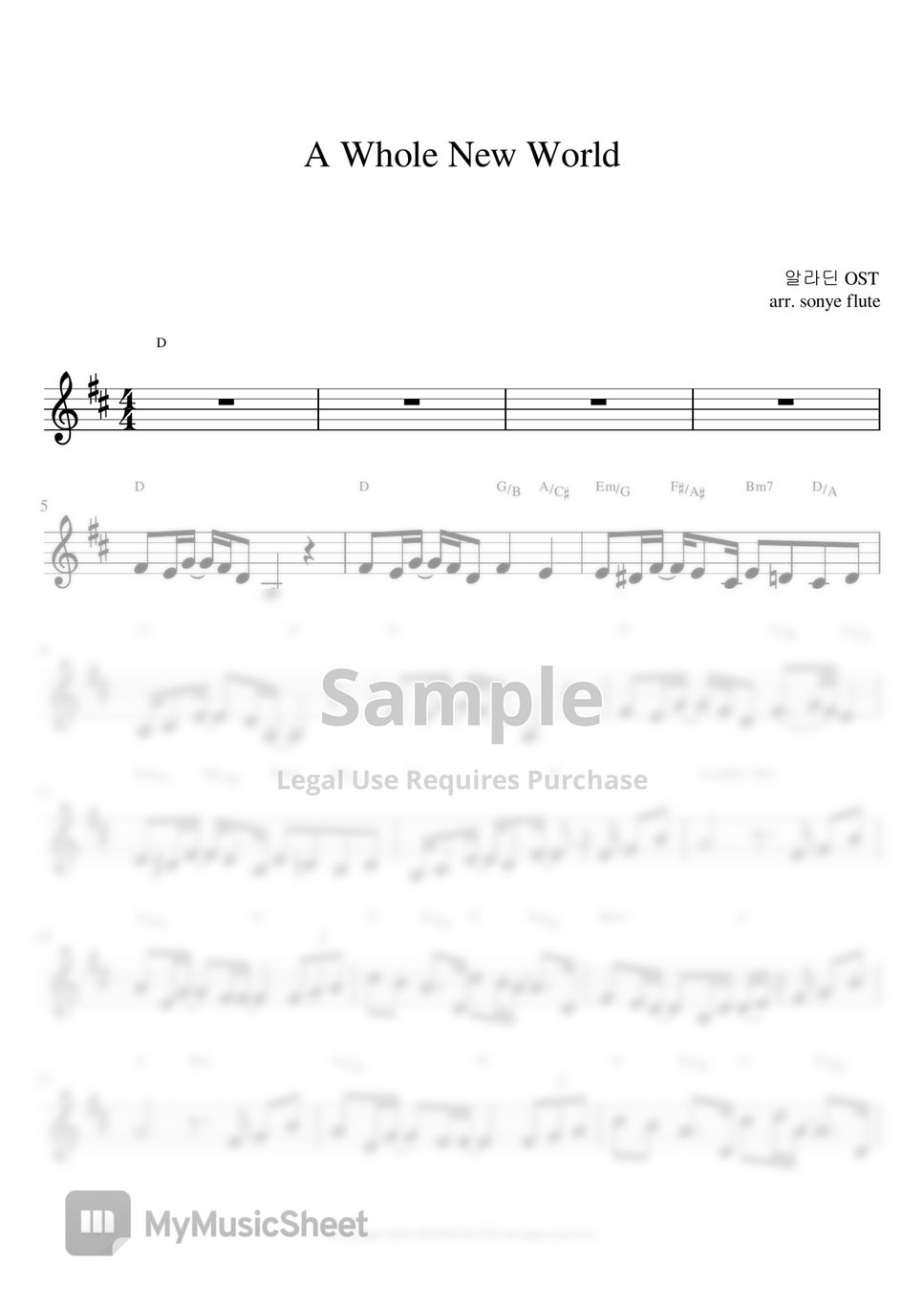 Disney Aladdin OST - A Whole New World (Flute Sheet Music) by sonye flute