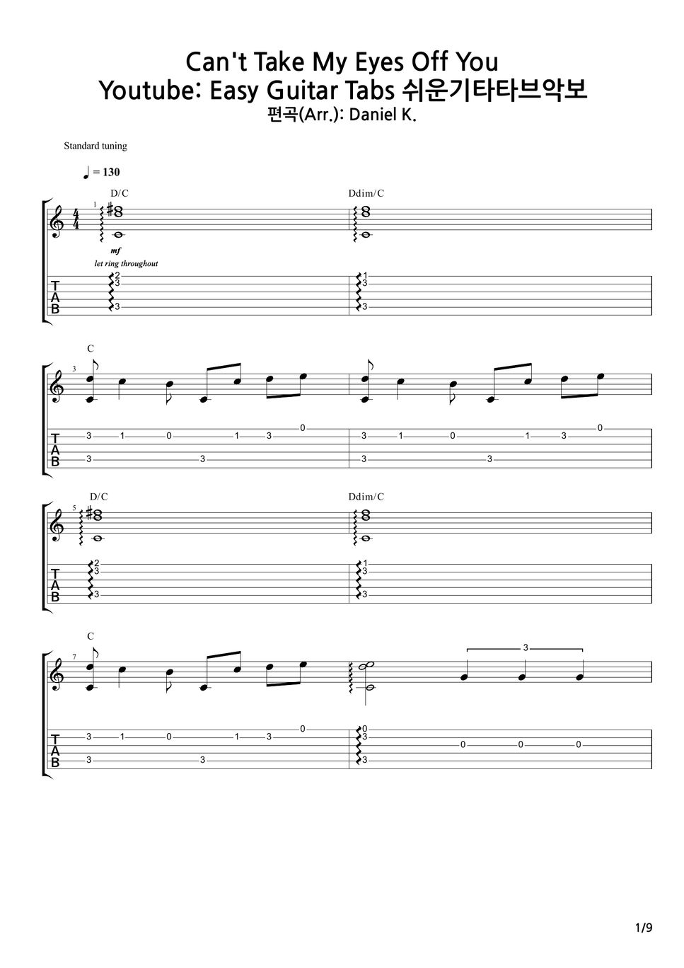 쉬운기타타브악보 Can't Take My Eyes Off You Sheets by Daniel K.