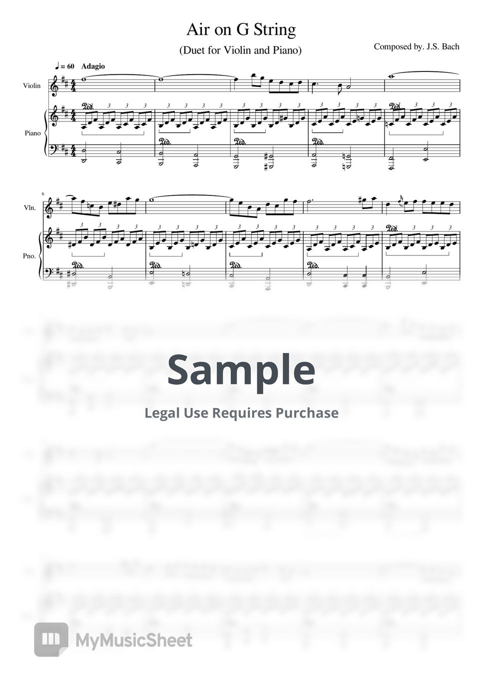 Johann Sebastian Bach - Air On G String (Piano and Violin) by Sheet Music For Strings