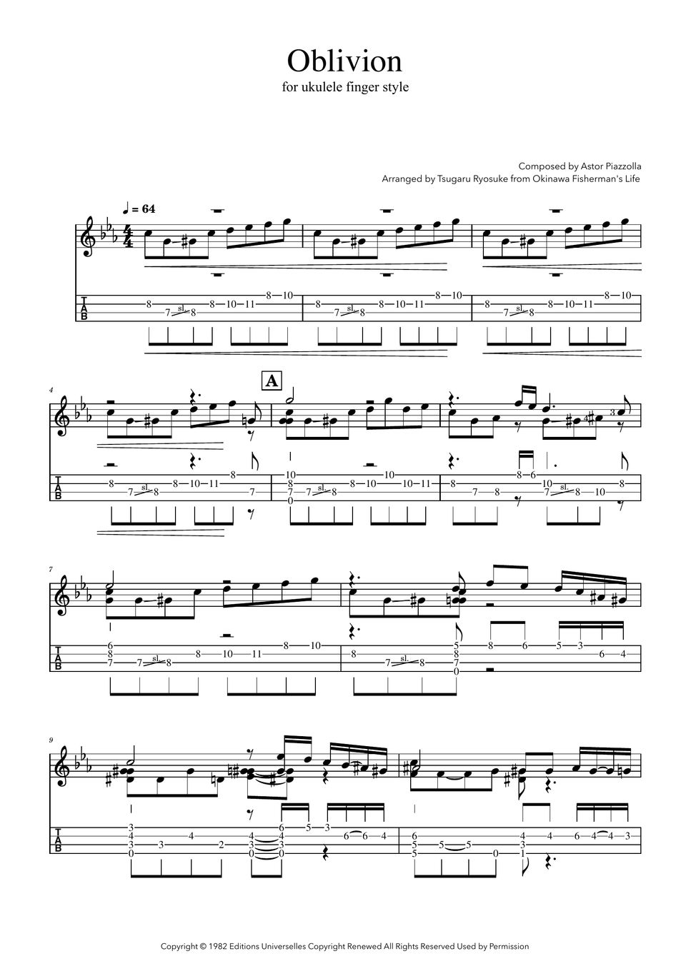 Astor Piazzolla - Oblivion (Ukulele Fingerstyle, Tabbed) by Tsugaru Ryosuke