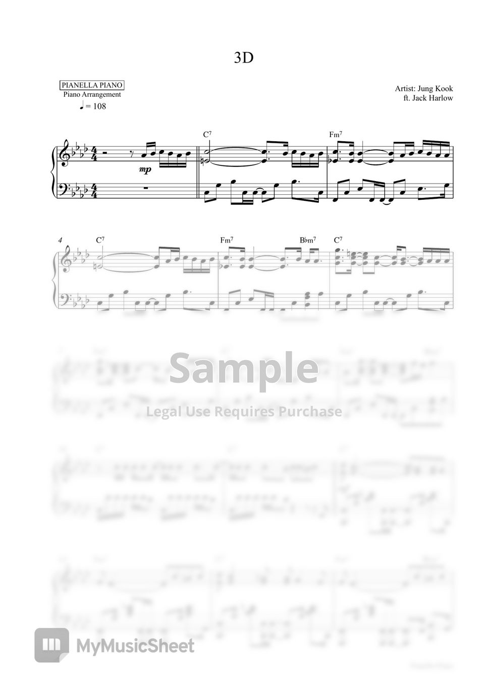 Jung Kook ft. Jack Harlow - 3D (Piano Sheet) by Pianella Piano