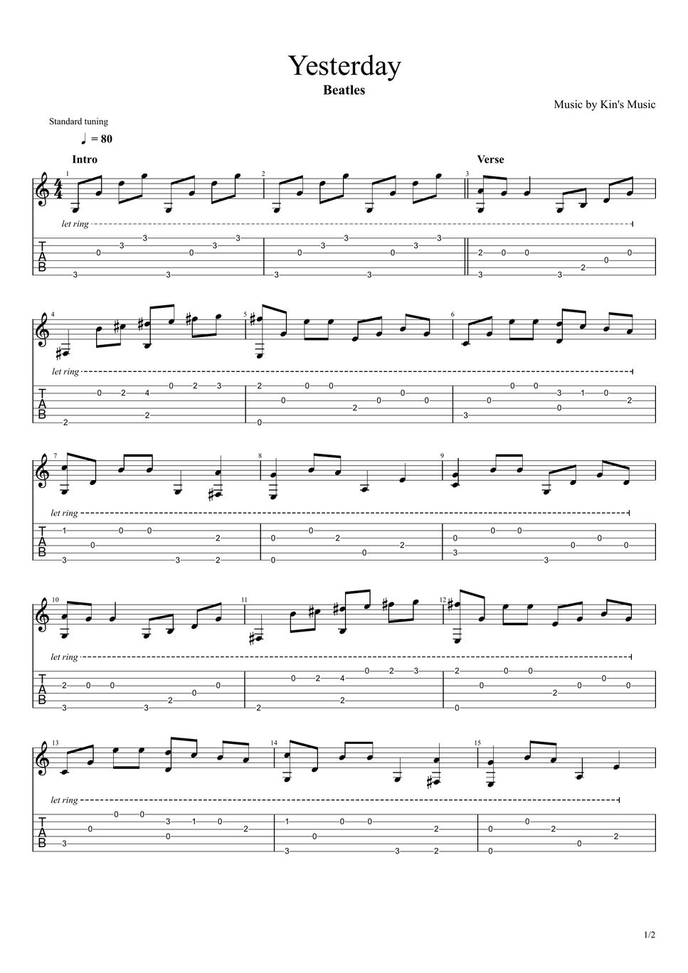 Beatles Yesterday[Easy Guitar Fingerstyle For Beginner] Sheets by Kin