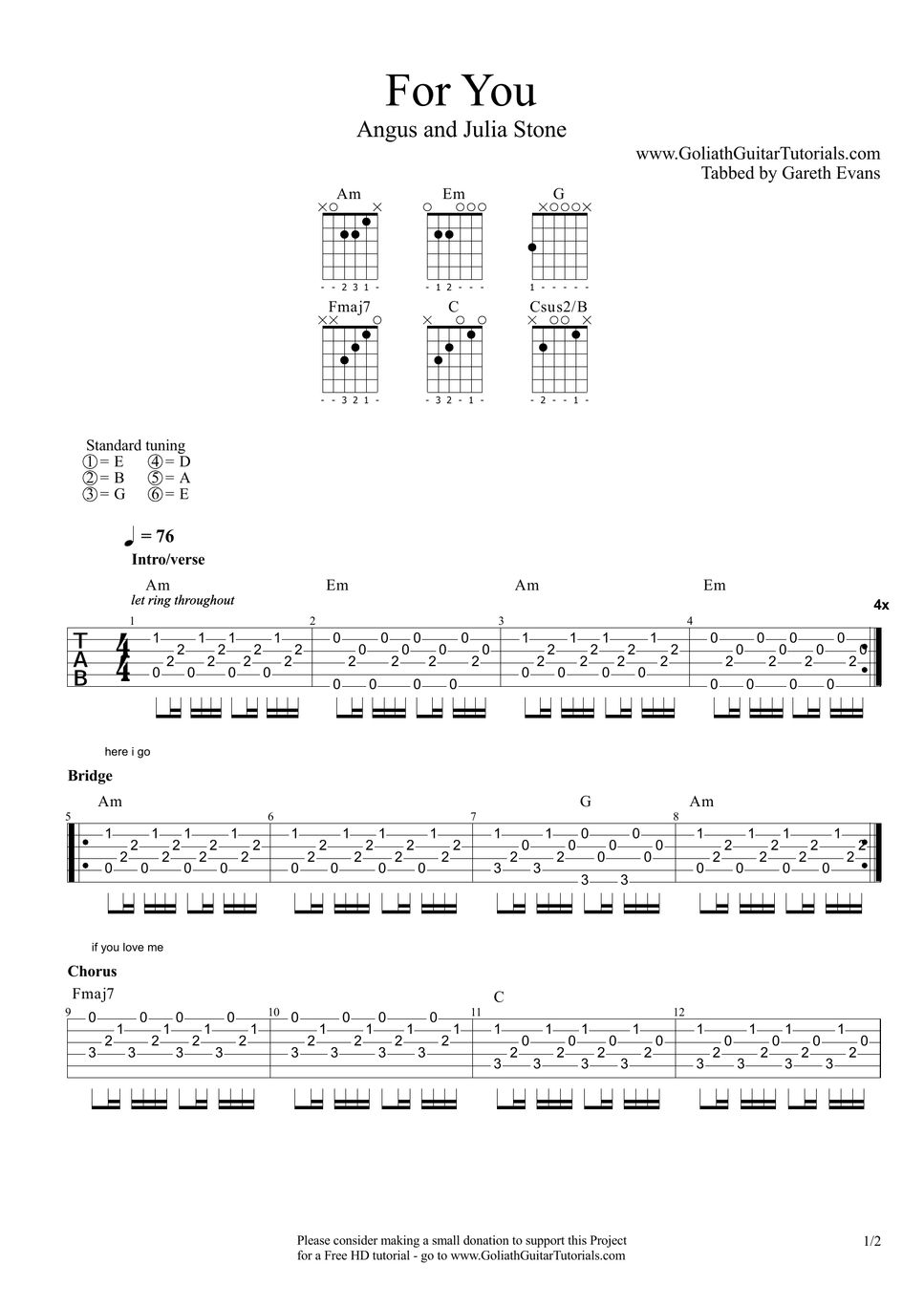 Angus & Julia Stone For You TAB by Goliath Guitar Tutorials