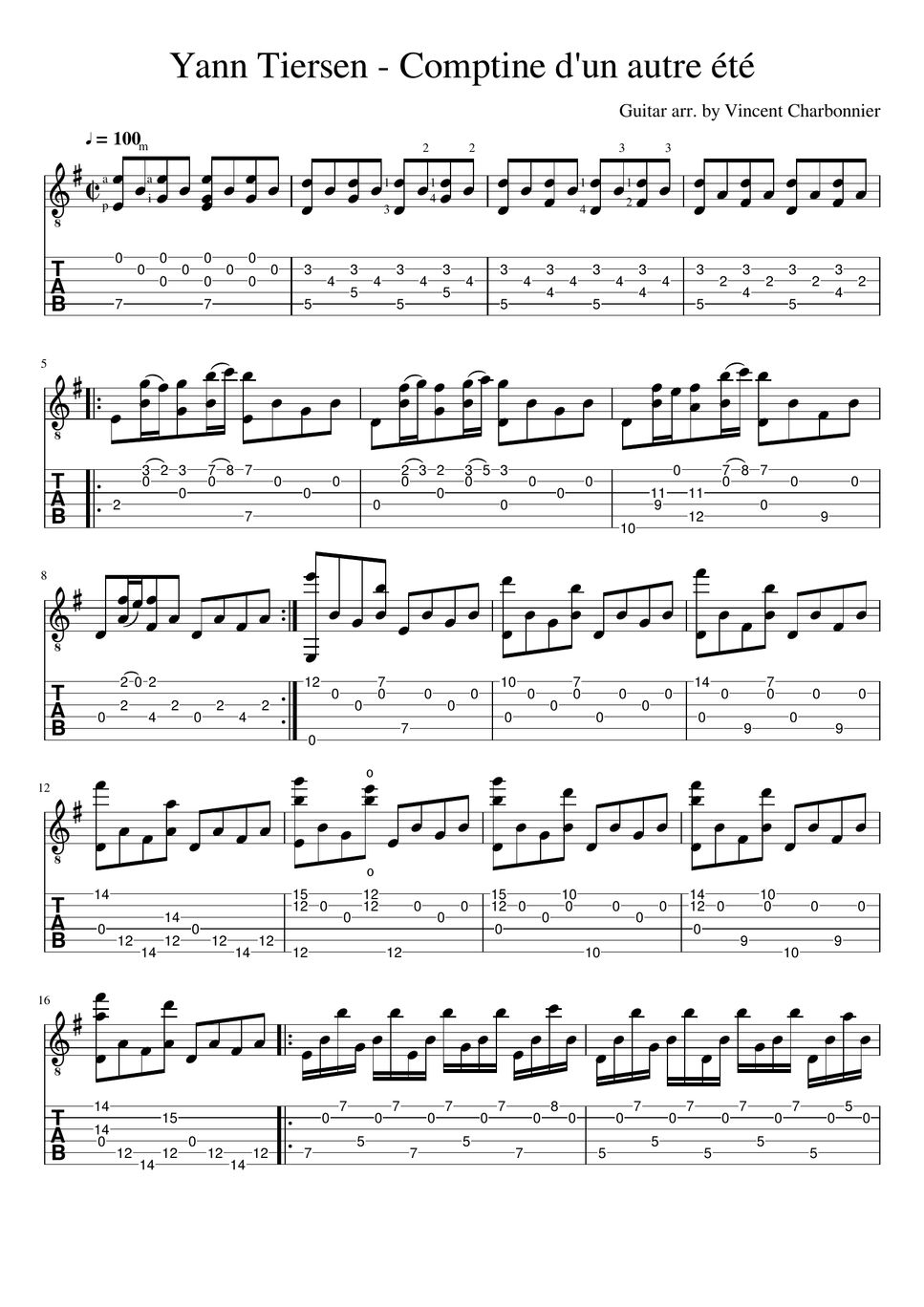 Yann Tiersen Comptine d'un autre été (Solo Guitar) Sheets