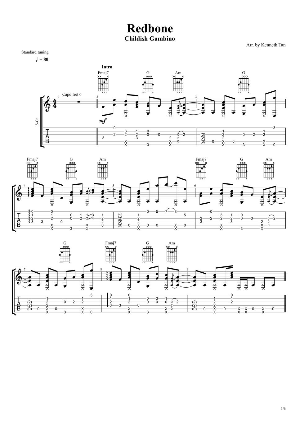 Childish Gambino Fingerstyle Guitar Redbone TAB by Acoustic