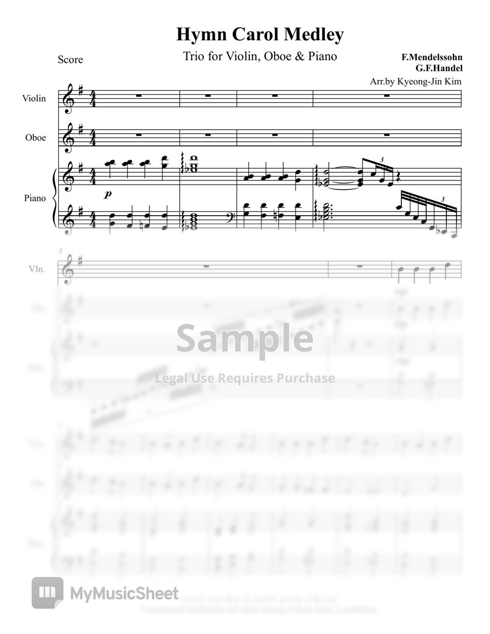 Traditional FrenchMelody, Arr. by E.S.Barnes/ F.Mendelssohn, Arr. by W.H. Cummings/ G.F.Handel Arr. by L.Mason - 크리스마스 캐롤 메들리 No.1 (피아노 트리오(바이올린, 오보에, 피아노)) by Pianist Jin
