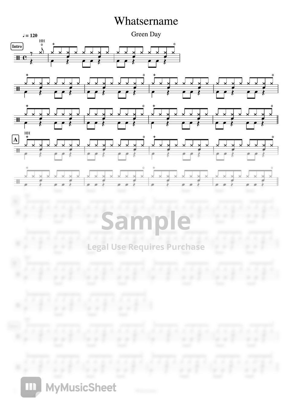 Green Day Whatsername 악보 by Cookai's Jpop Drum sheet music!!!