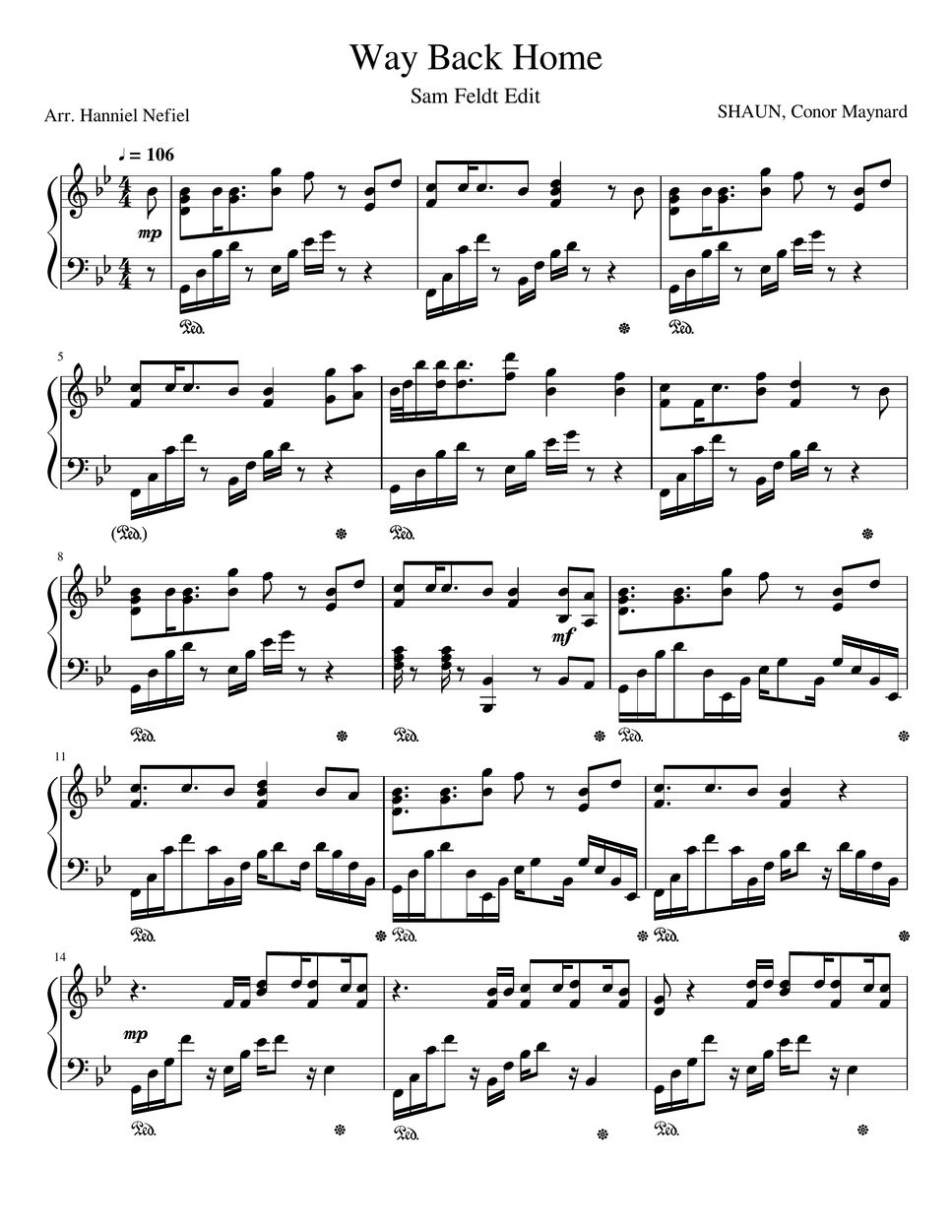 SHAUN, Conor Maynard, Sam Feldt Way Back Home (Piano Sheets) Sheets