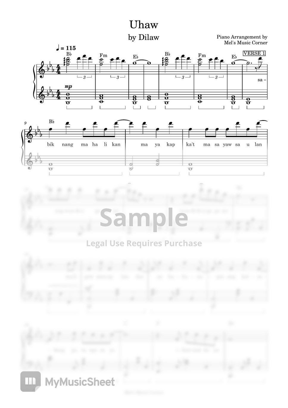 Dilaw Uhaw (piano sheet music) Sheets by Mel's Music Corner