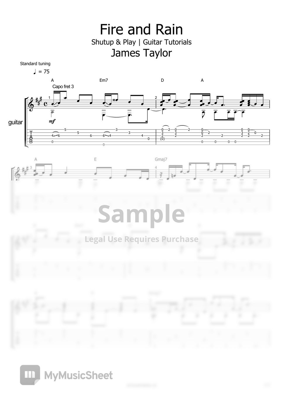 James Taylor Fire and Rain Sheets by Shutup & Play Guitar Tutorials