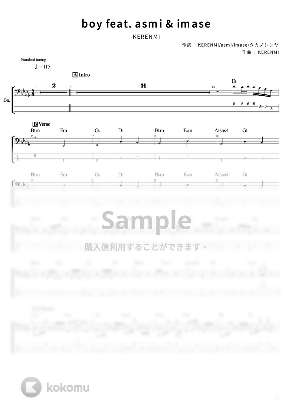 KERENMI - boy feat. asmi & imase (ベース Tab譜 4弦) by T's bass score