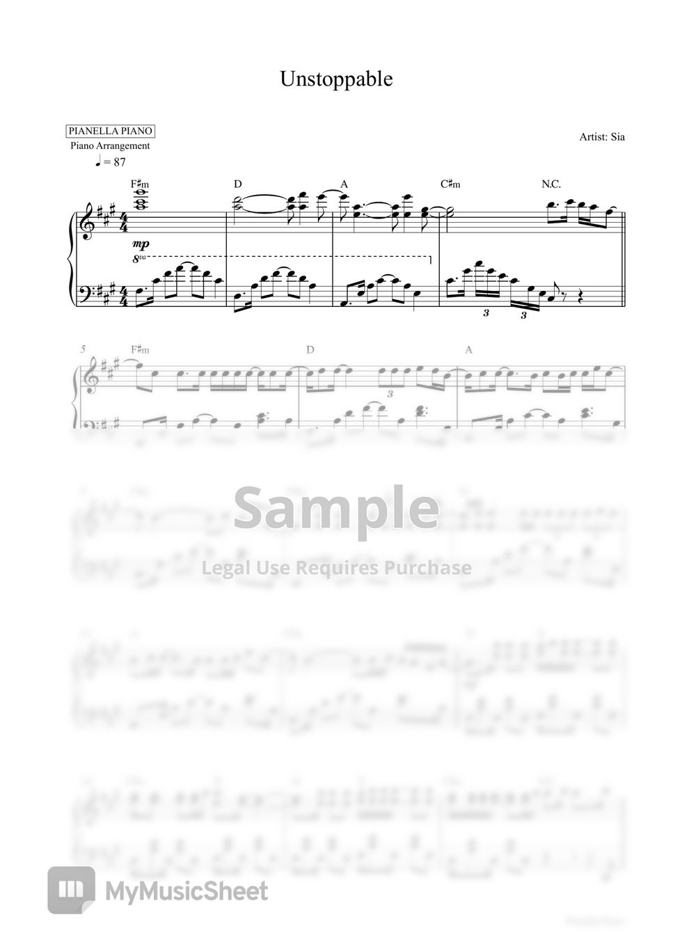 Sia - Unstoppable (Piano Sheet) by Pianella Piano