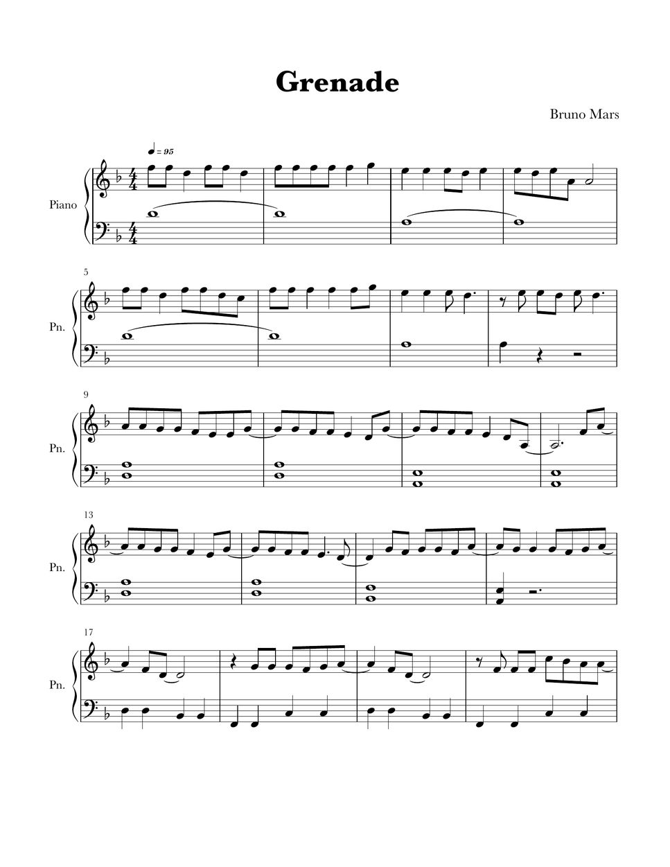 Bruno Mars Grenade Easy Version Sheets By Phianonize