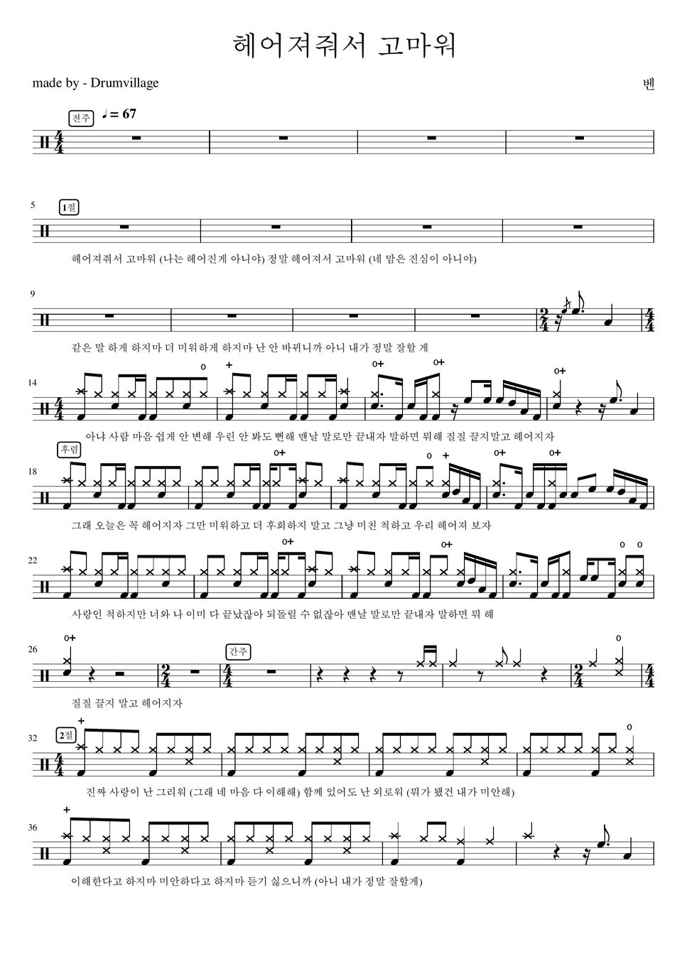 벤 - 헤어져줘서 고마워 Sheet By 최성수Drumvillage
