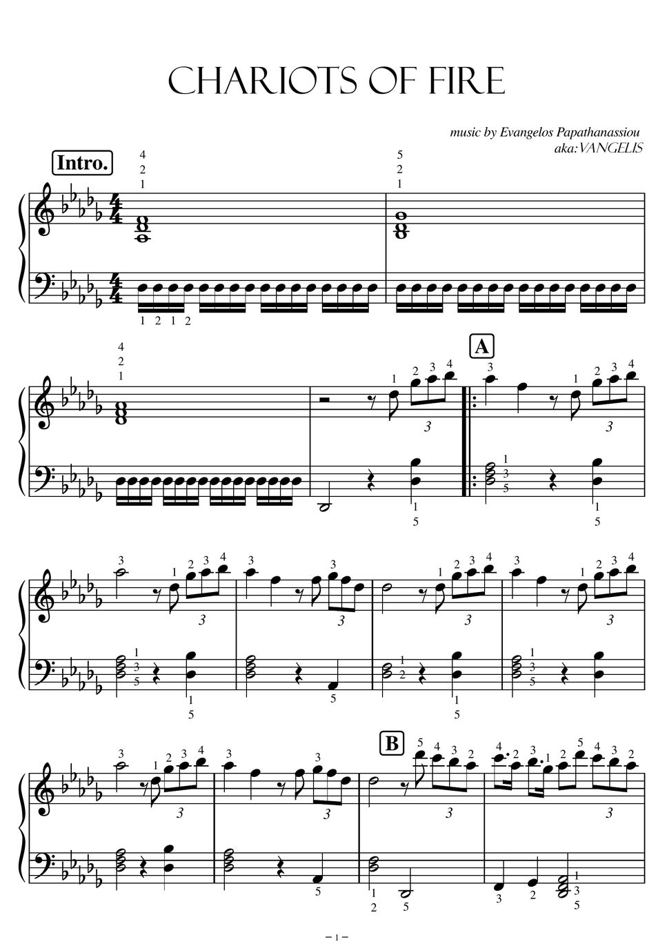Vangelis - 【初中級】炎のランナー（CHARIOTS OF FIRE） (オリンピック) by ピアノの先生の楽譜集
