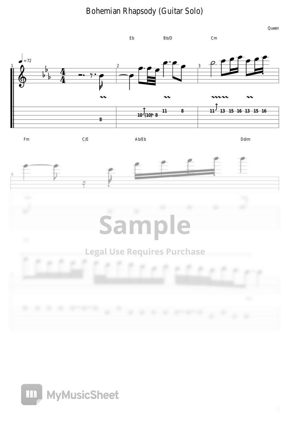 Queen Bohemian Rhapsody (Guitar Solo) Tab + 1staff by guitar cover with tab