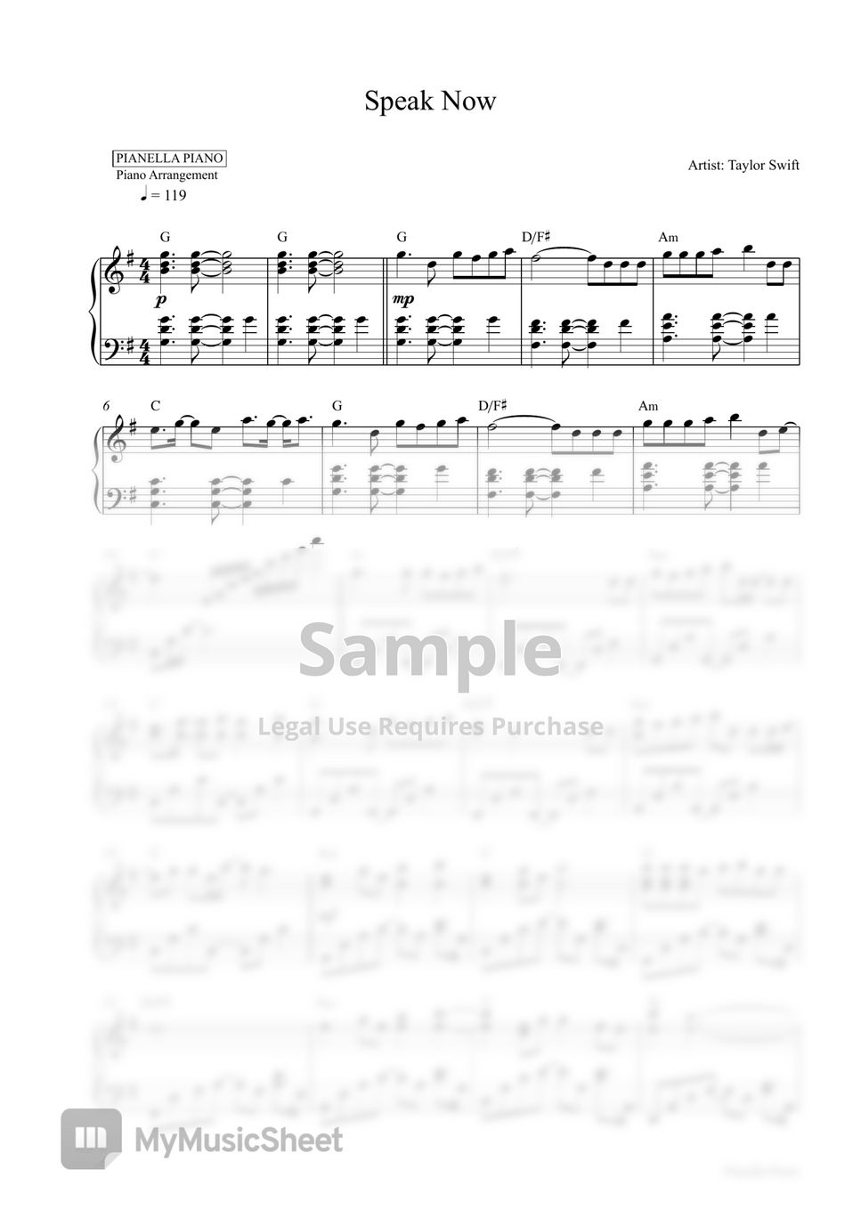 Taylor Swift Speak Now (Piano Sheet) Sheets by Pianella Piano